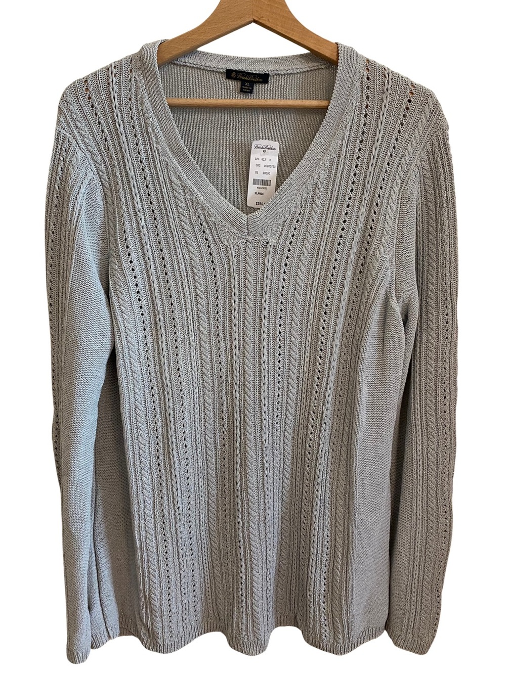 NWT Brooks Brothers Metallic Gray Cable Knit V-Neck Sweater Women’s XL